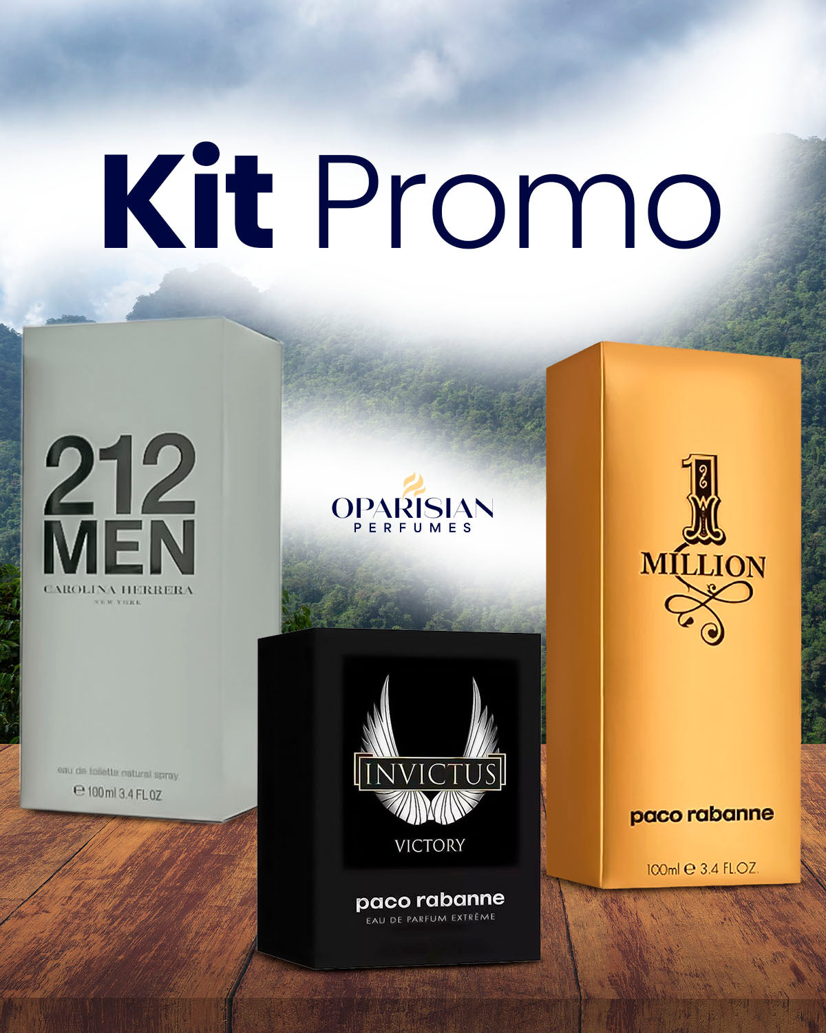 KIT 3 PERFUMES IMPORTADOS - 1 MILLION - 212 VIP - INVICTUS VICTORY